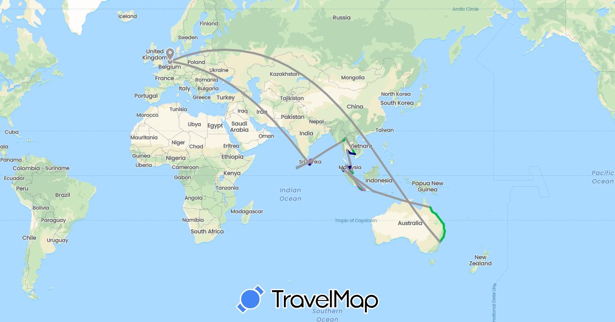 TravelMap itinerary: driving, bus, plane, train, boat in Australia, Indonesia, Cambodia, Sri Lanka, Maldives, Malaysia, Netherlands, Singapore, Thailand (Asia, Europe, Oceania)